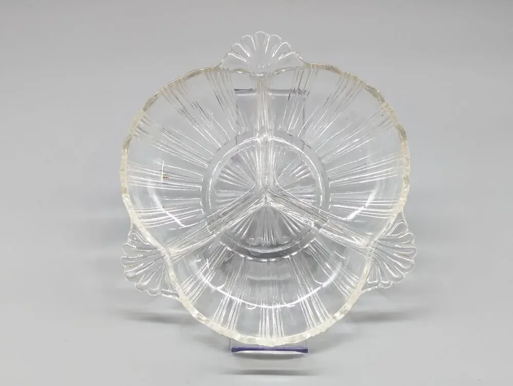 Vintage Hazel Atlas Clear Glass Divided Dish Bowl 3 Part Handles Sections 6.5